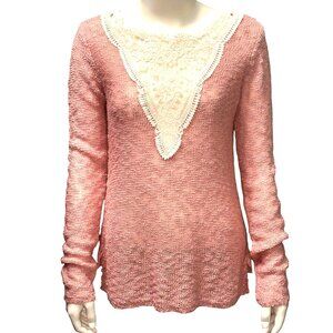 CCC Elegant Modern Vintage Pink Long Sleeve Knit Sweater Lace Detail V Neckline
